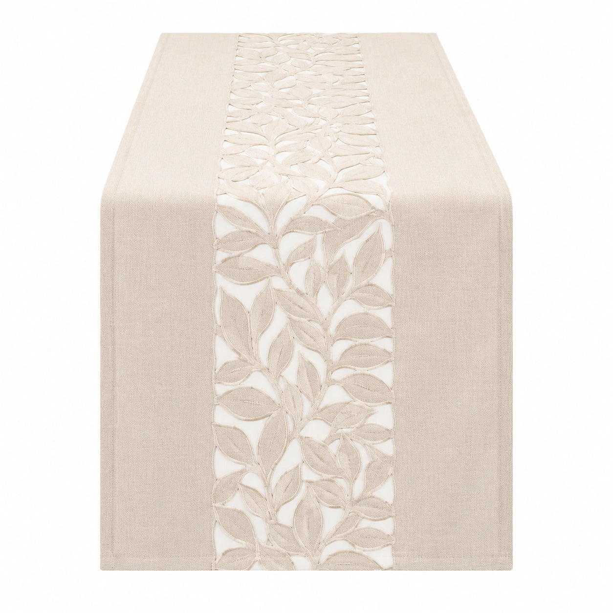 Chemin de Table Beige avec Motif Feuillage Brodé