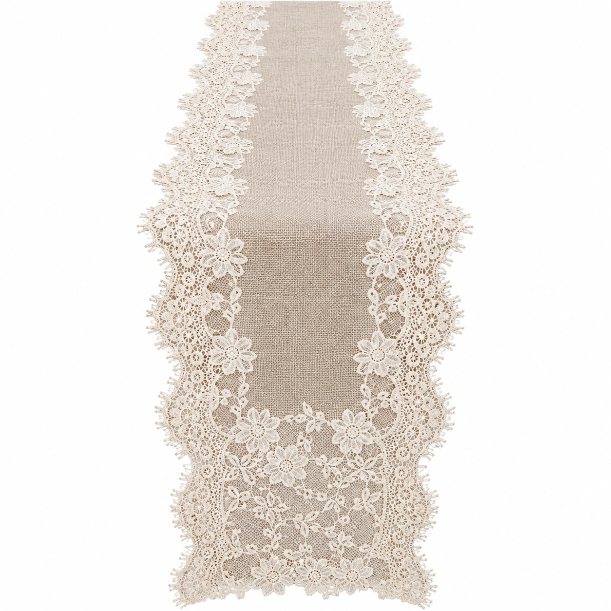 Chemin de Table en Dentelle Beige avec Bord Floral