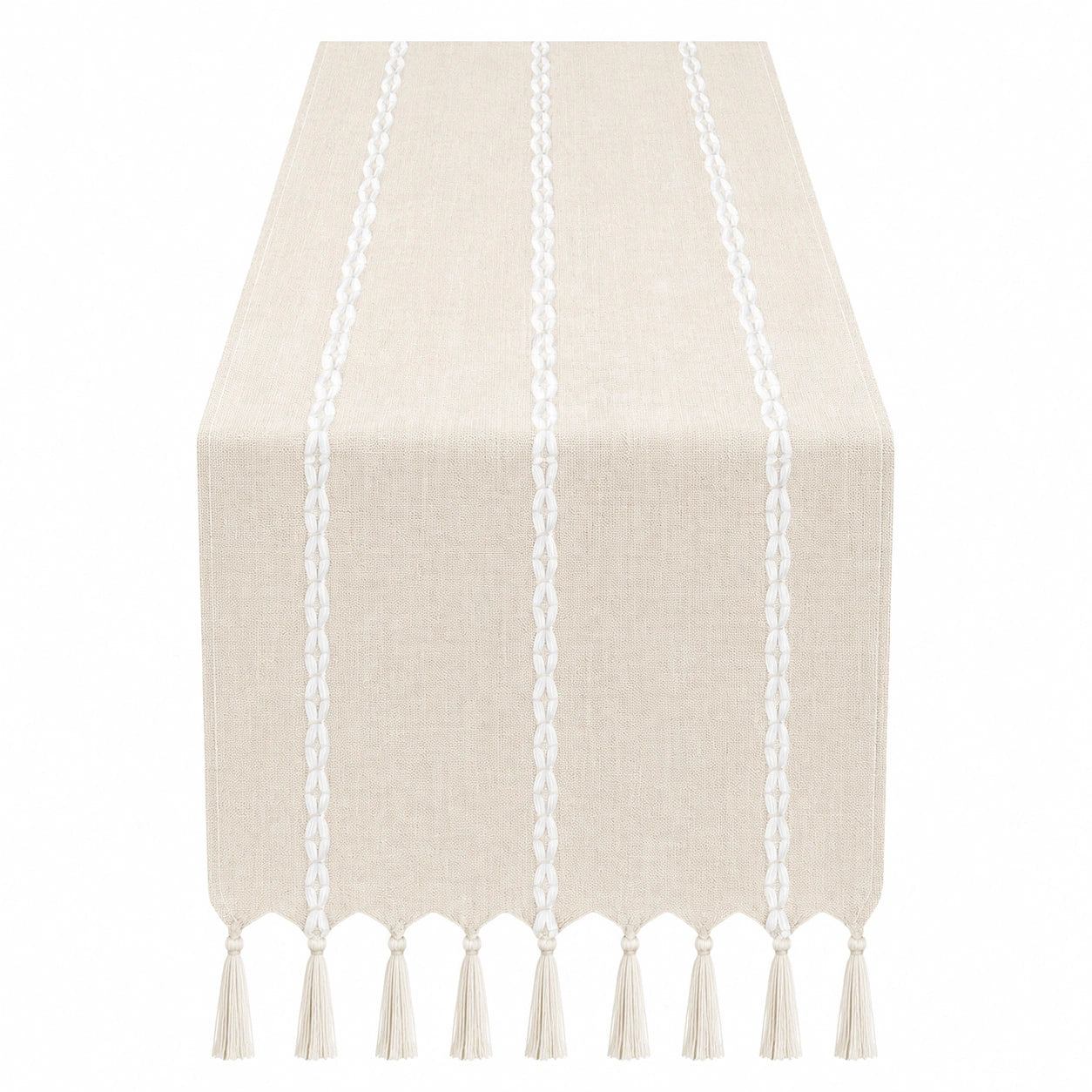 Chemin de Table Beige avec Motif Tissé et Franges
