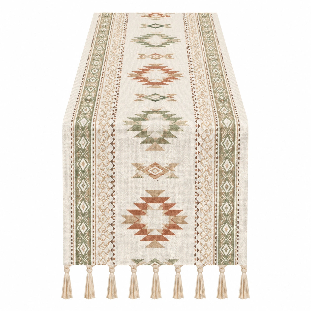 Chemin de Table Géométrique avec Franges - Beige, Vert, Marron