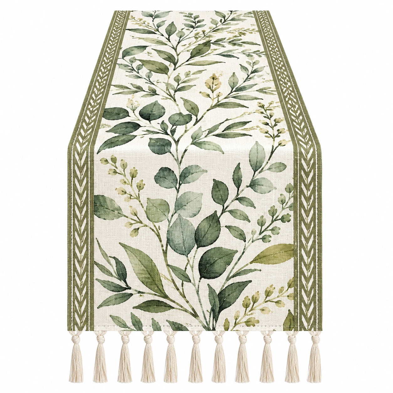 Chemin de Table Feuillage Vert avec Franges Élégantes