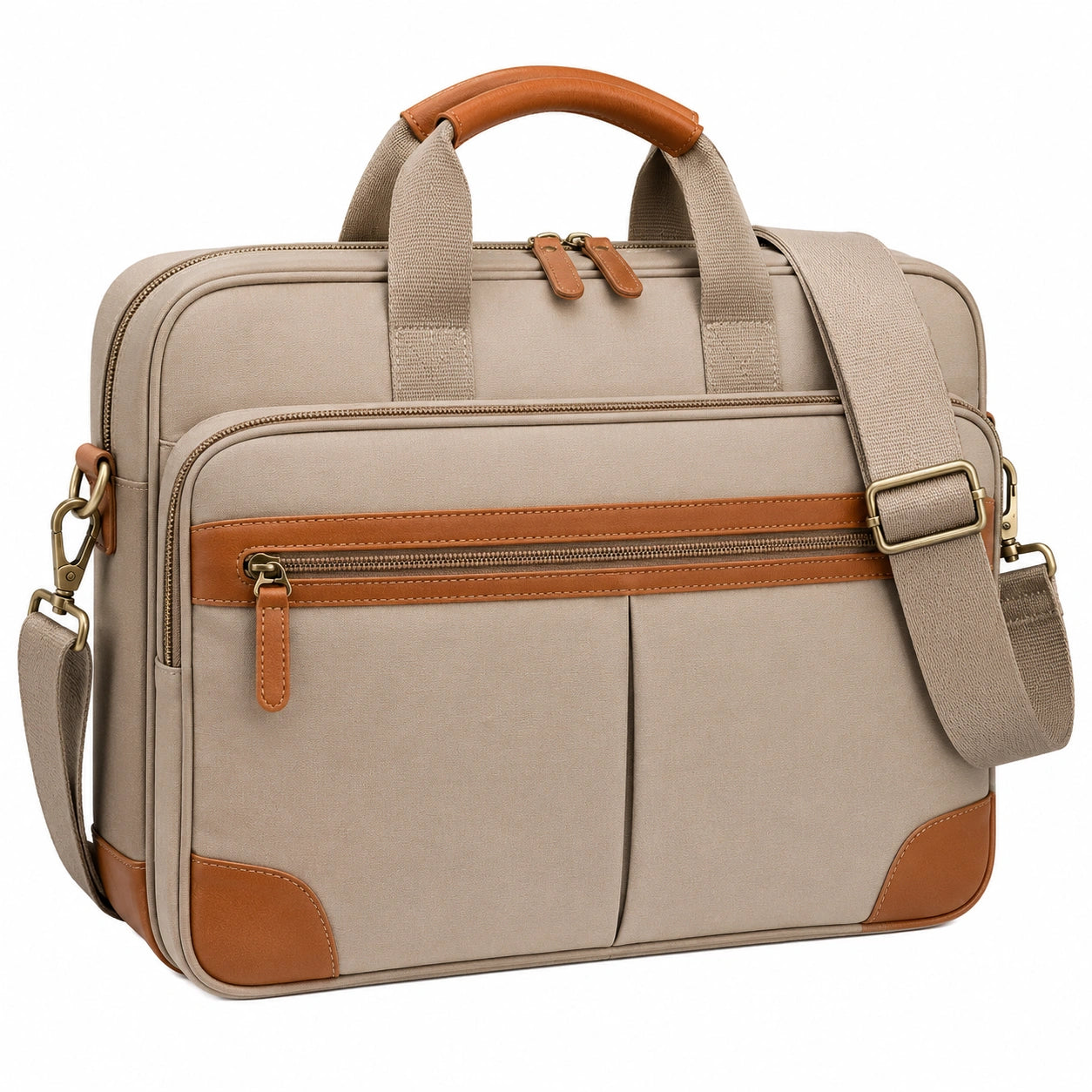 Sacoche pour ordinateur portable beige et marron avec détails en cuir