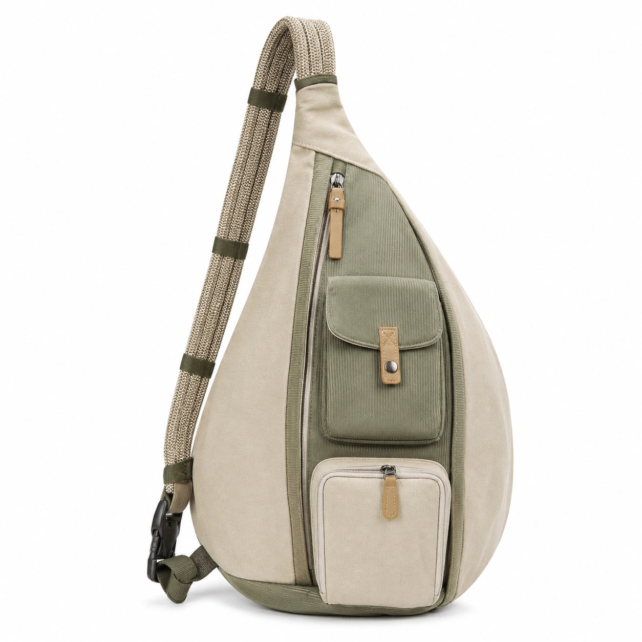 Sac à bandoulière décontracté beige et vert avec compartiments multiples