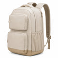 Grand sac à dos beige avec poches multiples et compartiment pour ordinateur
