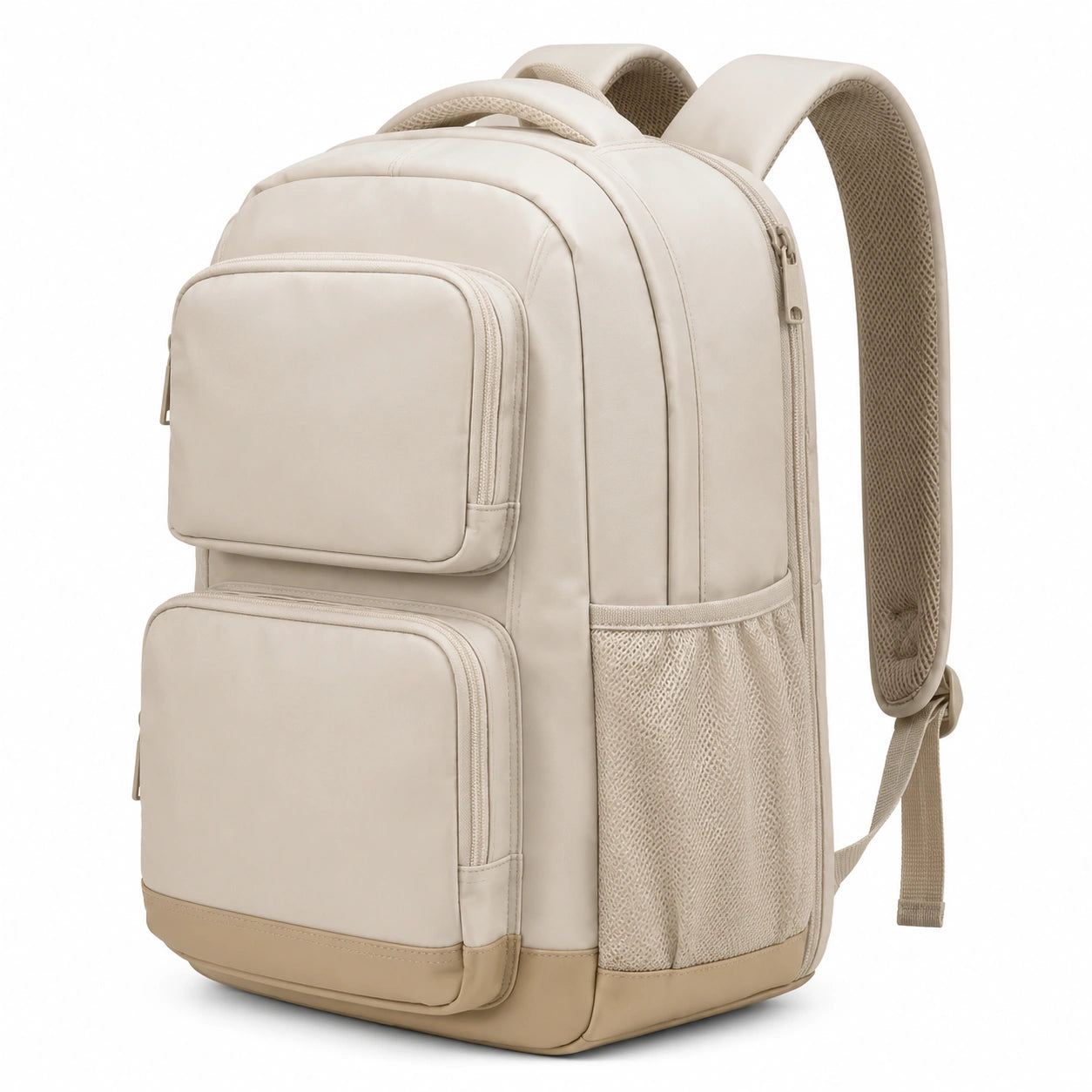 Grand sac à dos beige avec poches multiples et compartiment pour ordinateur