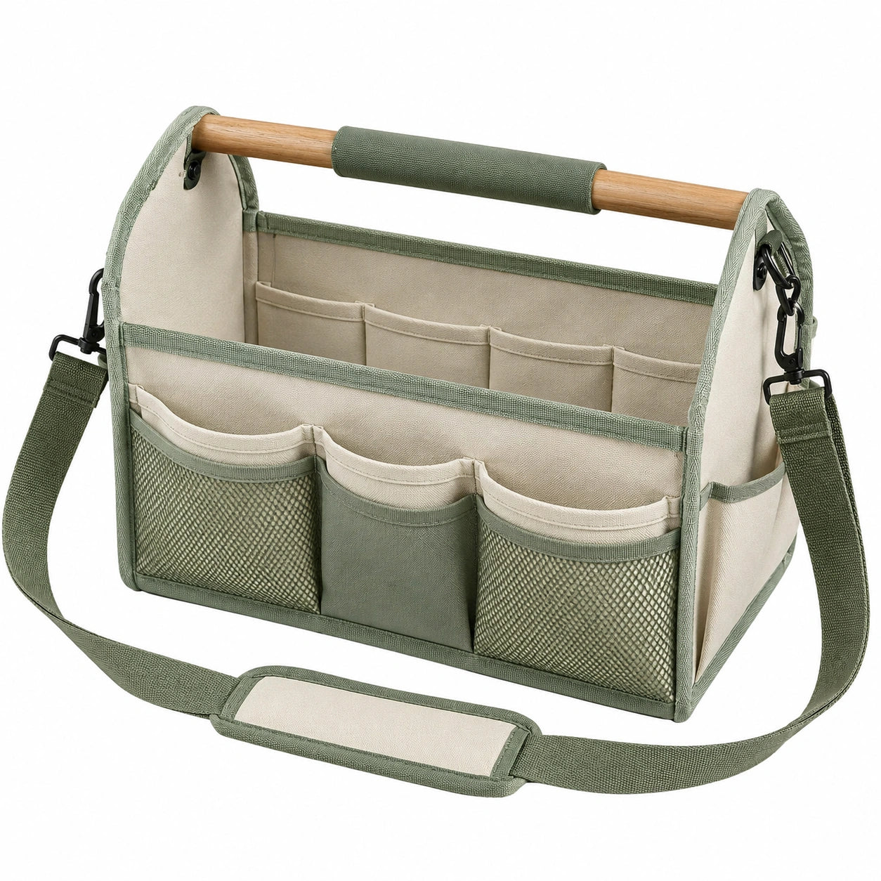 Organisateur de Jardin avec Poignée en Bois et Sangle Réglable - Vert/Beige