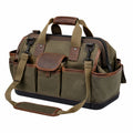 Sac à outils multi-poches vert kaki et marron avec bandoulière