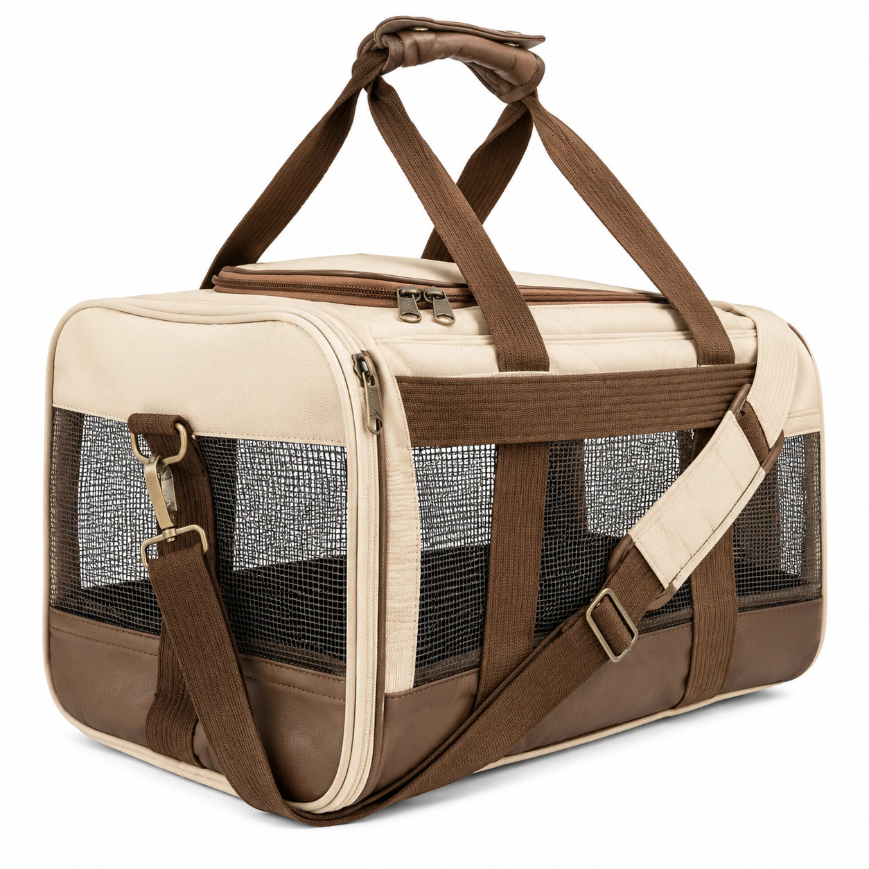 Sac de transport pour animaux beige et marron avec sangle réglable